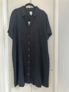 NIC+ZOE Black Short-Sleeve Button-Front Linen Dress